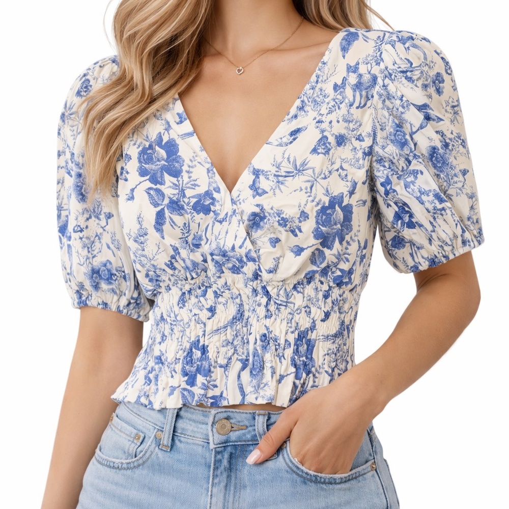 Elegant Cream and Blue Floral Blouse